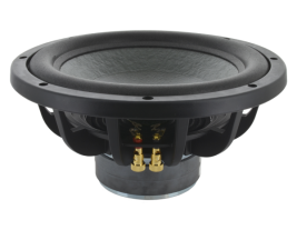 An isometric view of a 12 inch, 4 ohm dual magnet subwoofer from MISCO Speakers -- OEM model OOC12WF-4-4B.