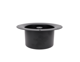 Side view of a black, cylindrical MISCO loudspeaker housing without the driver installed, showcasing a minimalistic and sleek design with a mounting flange at the top.