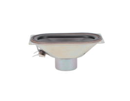 Perspective view of the MISCO 93011 speaker, highlighting its compact size and the durable steel frame surrounding the polypropylene cone, ideal for consistent performance in both indoor and outdoor settings.